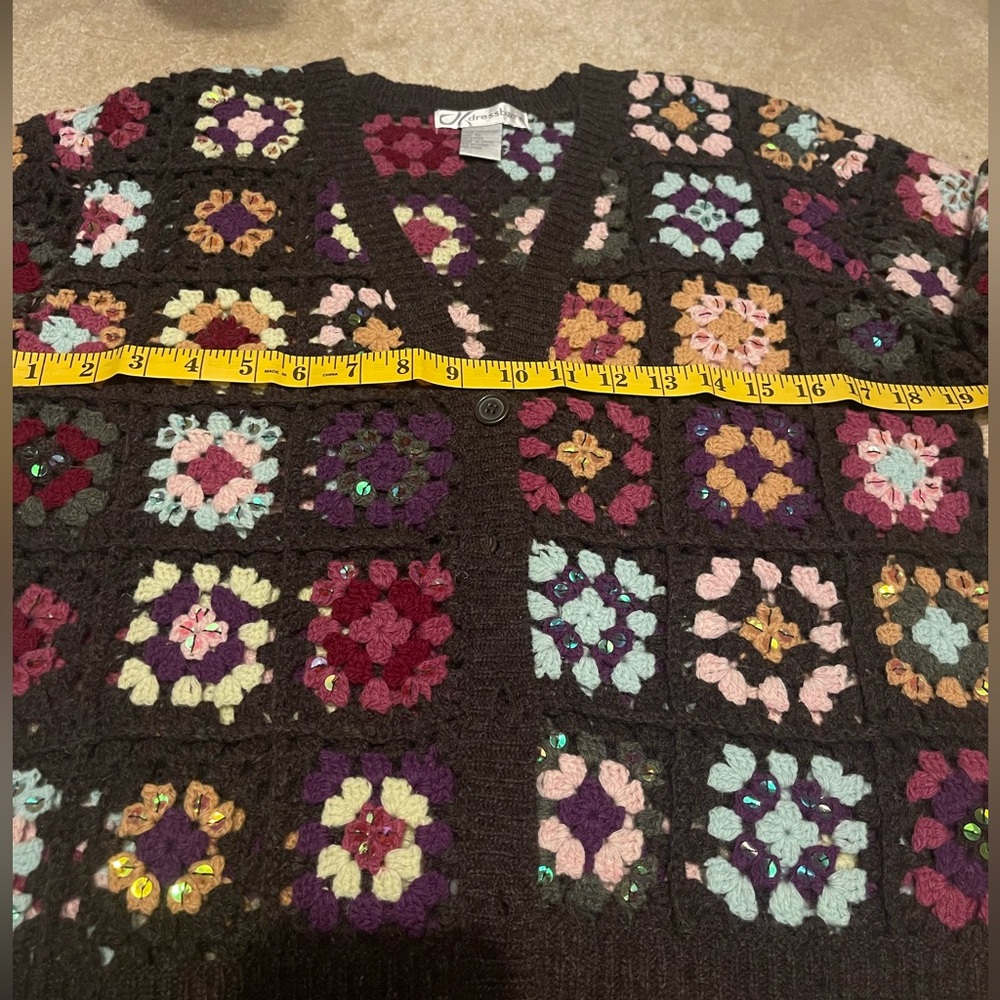 VTG Crochet DRESSBARN Floral Patchwork XL 100%Lambswool Cardigan Grandmacore - Picture 9 of 10